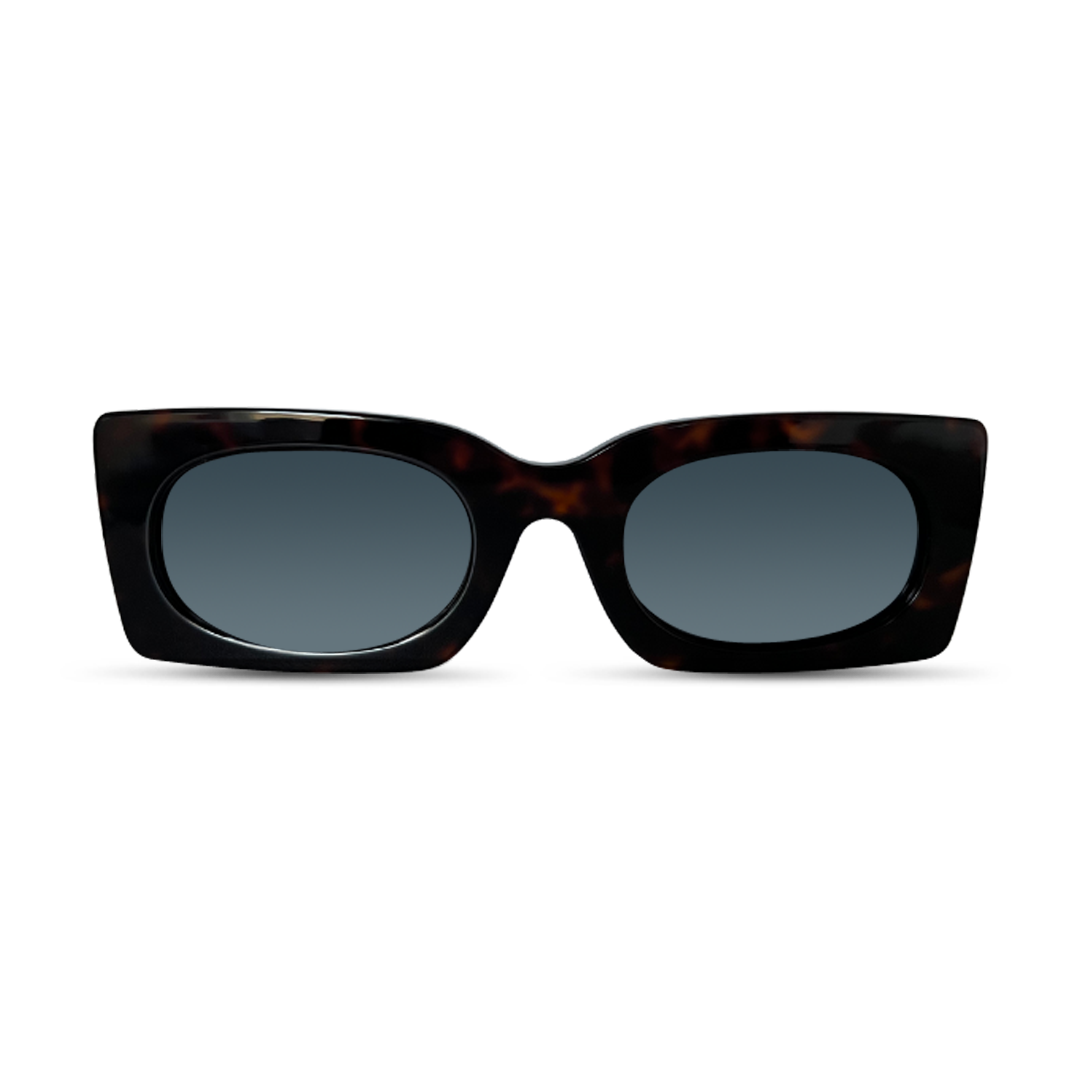 Sunglasses with tortoiseshell frame and dark lenses on a transparent background